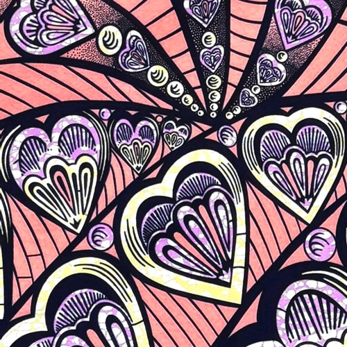 アフリカンプリント 布 生地 50cm単位 AP-13906　鈴なりハートウェーブ サーモンピンク色地　アフリカ 布 ブロード カットクロス ハンドメイド パッチワーク エコバッグ 手芸材料 ダンス 舞台 衣装 通園通学に