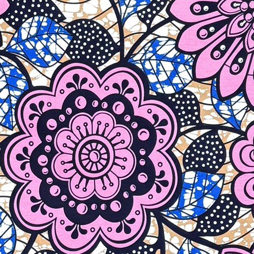 アフリカンプリント 布 生地 50cm単位 AP-13909　ピンクのカワイイお花並べ 紫藍色葉 カフェオレ色バブル地　アフリカ 布 ブロード カットクロス ハンドメイド パッチワーク エコバッグ 手芸材料 ダンス 舞台 衣装 通園通学に