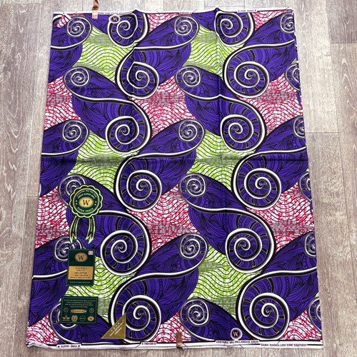 【サンプル処分】SP-124 アフリカンプリント 6ヤード　大小渦巻き貝殻 パープル 　アフリカンプリント アフリカ 布 ブロード カットクロス ハンドメイド パッチワーク エコバッグ 手芸材料 ダンス 舞台 衣装 通園通学に