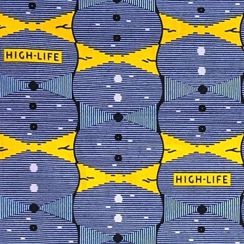 アフリカンプリント 布 生地 50cm単位 AP-13965　HIGH LIFE 黄色 濃紺線 薄紫色地　アフリカ 布 ブロード カットクロス ハンドメイド パッチワーク エコバッグ 手芸材料 ダンス 舞台 衣装 通園通学に
