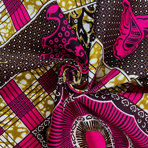 ＜sale＞アフリカンプリント生地 0.5m(50cm)単位 AP-12827 獅子 鳥 蓄音機 ピンク