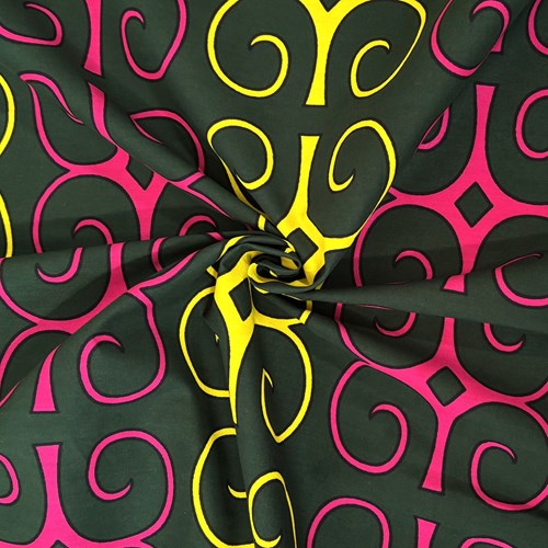 アフリカンプリント 布 生地 50cm単位 AP-13575  強さ 体力 知力 深緑色地 黄ピンク アディンクラ  アフリカ 布 ブロード カットクロス ハンドメイド パッチワーク エコバッグ 手芸材料 ダンス 舞台 衣装 通園通学に