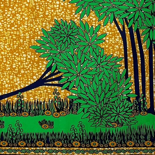 ＜sale＞アフリカンプリント生地　0.5m(50cm)単位　 AP-12703  豊かな森 新緑 春の昼下がり