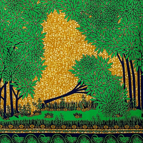 ＜sale＞アフリカンプリント生地　0.5m(50cm)単位　 AP-12703  豊かな森 新緑 春の昼下がり