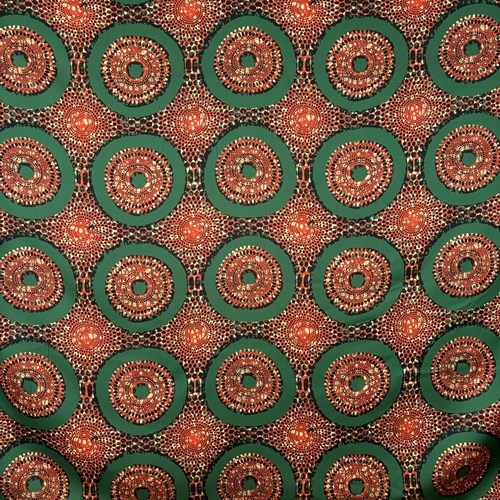 【140cm幅ｘ50cm単位】ポリエステルシルキーサテン アフリカンプリント柄 布 生地  AP-1085　二重水紋 深緑 レンガ色　ハンドメイド 手芸材料 ワンピース スカート 裏地 ダンス 舞台 衣装 に