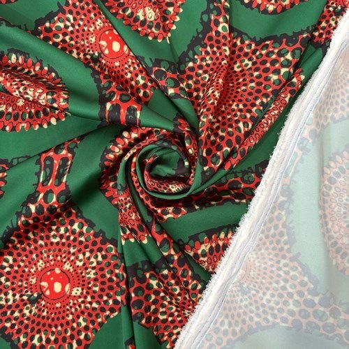 【140cm幅ｘ50cm単位】ポリエステルシルキーサテン アフリカンプリント柄 布 生地  AP-1085　二重水紋 深緑 レンガ色　ハンドメイド 手芸材料 ワンピース スカート 裏地 ダンス 舞台 衣装 に