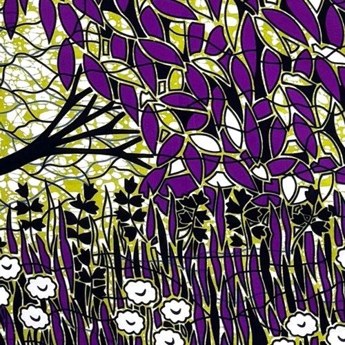 アフリカンプリント 布 生地 50cm単位 AP-13781　豊かな森 倒木 花畑 紫葉 抹茶色地　アフリカ 布 ブロード カットクロス ハンドメイド パッチワーク エコバッグ 手芸材料 ダンス 舞台 衣装 通園通学に