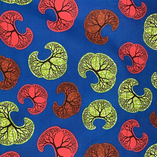 アフリカンプリント生地 0.5m(50cm)単位 AP-12708　空飛ぶ三本バオバブ 青地