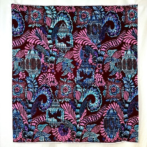 アフリカンプリント 布 生地 50cm単位 AP-13499  かごのハート小鳥 濃赤ワイン色地 ブルー ピンク  アフリカ 布 ブロード カットクロス ハンドメイド パッチワーク エコバッグ 手芸材料 ダンス 舞台 衣装 通園通学に