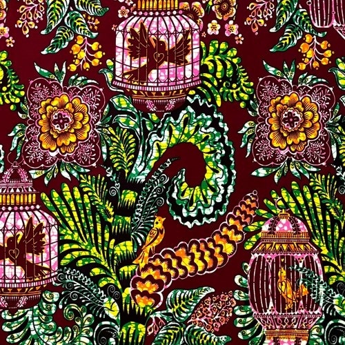 アフリカンプリント 布 生地 50cm単位 AP-13498  かごのハート小鳥 えんじ色地 グリーン ピンク 黄色  アフリカ 布 ブロード カットクロス ハンドメイド パッチワーク エコバッグ 手芸材料 ダンス 舞台 衣装 通園通学に