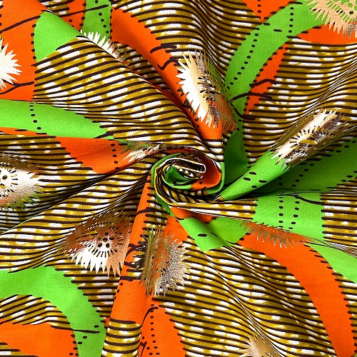 アフリカンプリント生地 50cm単位 AP-1060　金ラメ オリンピア オレンジ 黄緑