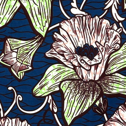 アフリカンプリント 布 生地 50cm単位 AP-13867　曼陀羅華 藍色地 ピンク グリーン　アフリカ 布 ブロード カットクロス ハンドメイド パッチワーク エコバッグ 手芸材料 ダンス 舞台 衣装 通園通学に