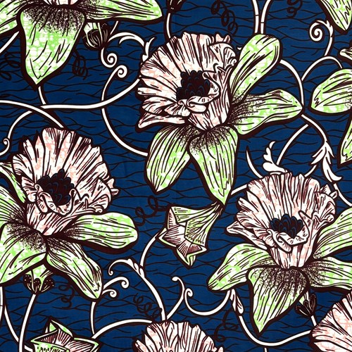 アフリカンプリント 布 生地 50cm単位 AP-13867　曼陀羅華 藍色地 ピンク グリーン　アフリカ 布 ブロード カットクロス ハンドメイド パッチワーク エコバッグ 手芸材料 ダンス 舞台 衣装 通園通学に