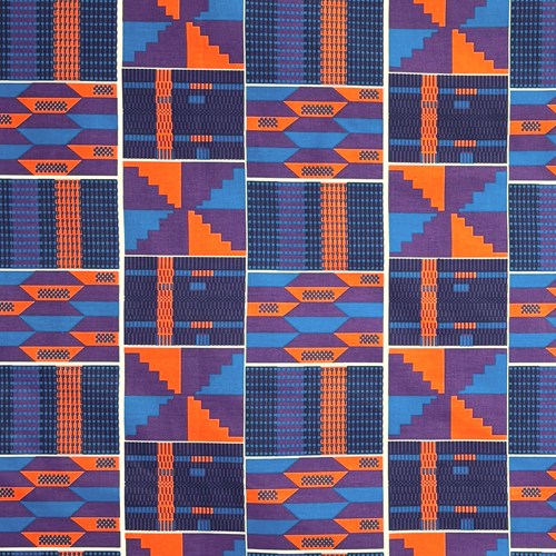 アフリカンプリント 布 生地 50cm単位 AP-13802　基本のケンテプラス パープル 青 オレンジ　アフリカ 布 ブロード カットクロス ハンドメイド パッチワーク エコバッグ 手芸材料 ダンス 舞台 衣装 通園通学に