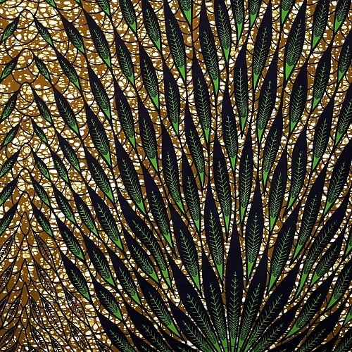 ＜sale＞アフリカンプリント生地 0.5m(50cm)単位 AP-12850 緑羽根の束 濃紺 茶色