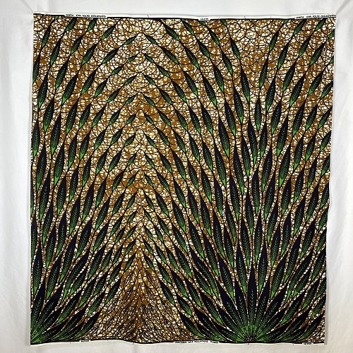 ＜sale＞アフリカンプリント生地 0.5m(50cm)単位 AP-12850 緑羽根の束 濃紺 茶色