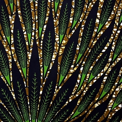＜sale＞アフリカンプリント生地 0.5m(50cm)単位 AP-12850 緑羽根の束 濃紺 茶色