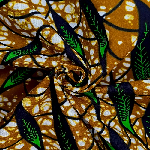 ＜sale＞アフリカンプリント生地 0.5m(50cm)単位 AP-12850 緑羽根の束 濃紺 茶色