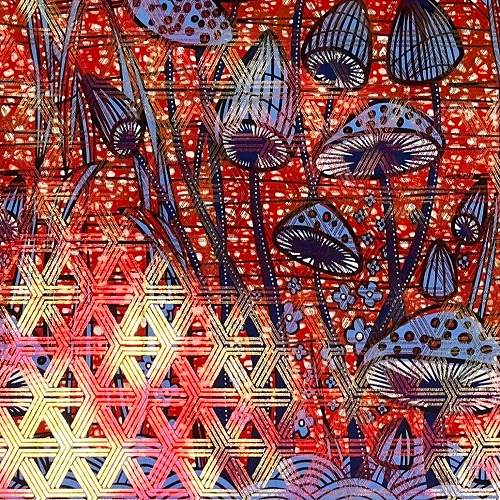 アフリカンプリント生地 50cm単位 AP-1067 赤と金ラメ 毒キノコの森 赤 ブルー