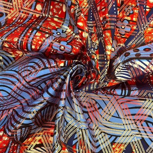 アフリカンプリント生地 50cm単位 AP-1067 赤と金ラメ 毒キノコの森 赤 ブルー