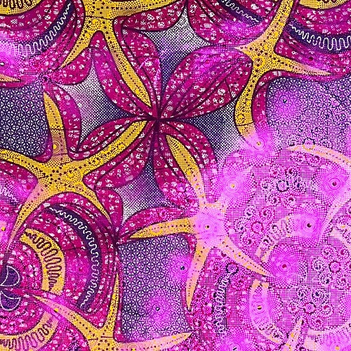 アフリカンプリント生地 50cm単位 AP-1070  ピンクラメ 黄色ヒトデ繋ぎ 濃いピンク