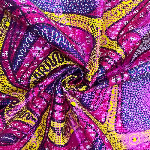 アフリカンプリント生地 50cm単位 AP-1070  ピンクラメ 黄色ヒトデ繋ぎ 濃いピンク