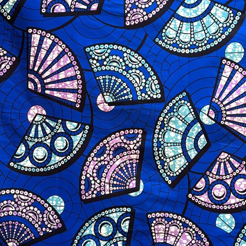 アフリカンプリント 布 生地 50cm単位 AP-13621　扇子の舞 ビジュー付きファン 青　アフリカ 布 ブロード カットクロス ハンドメイド パッチワーク エコバッグ 手芸材料 ダンス 舞台 衣装 通園通学に