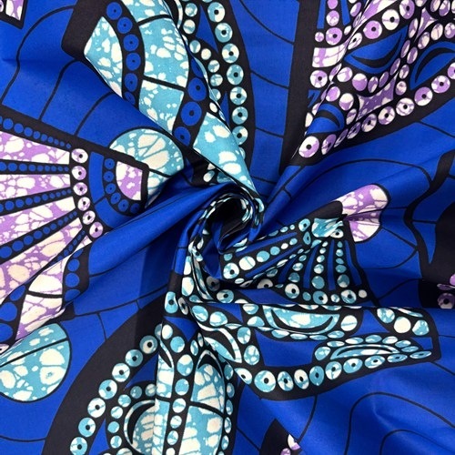 アフリカンプリント 布 生地 50cm単位 AP-13621　扇子の舞 ビジュー付きファン 青　アフリカ 布 ブロード カットクロス ハンドメイド パッチワーク エコバッグ 手芸材料 ダンス 舞台 衣装 通園通学に