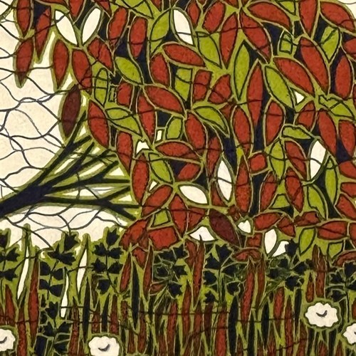 アフリカンプリント 布 生地 50cm単位 AP-13812　豊かな森 倒木 花畑 赤茶抹茶色葉 クリーム色地　アフリカ 布 ブロード カットクロス ハンドメイド パッチワーク エコバッグ 手芸材料 ダンス 舞台 衣装 通園通学に