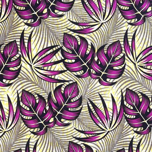 アフリカンプリント 布 生地 50cm単位 AP-13716　モンステラ ヤシの葉 南国の森 ピンクパープル　アフリカ 布 ブロード カットクロス ハンドメイド パッチワーク エコバッグ 手芸材料 ダンス 舞台 衣装 通園通学に