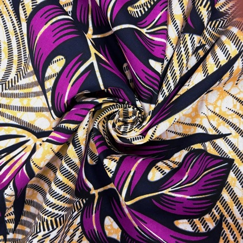 アフリカンプリント 布 生地 50cm単位 AP-13716　モンステラ ヤシの葉 南国の森 ピンクパープル　アフリカ 布 ブロード カットクロス ハンドメイド パッチワーク エコバッグ 手芸材料 ダンス 舞台 衣装 通園通学に