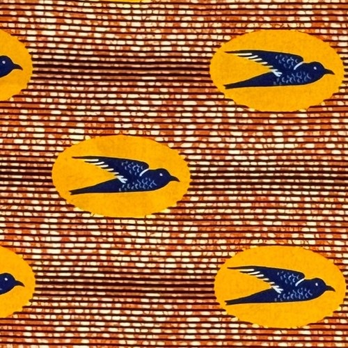 アフリカンプリント 布 生地 50cm単位 AP-13814　飛ぶ鳥 ツバメ 山吹色緑楕円に濃紺鳥 オレンジ色地　アフリカ 布 ブロード カットクロス ハンドメイド パッチワーク エコバッグ 手芸材料 ダンス 舞台 衣装 通園通学に