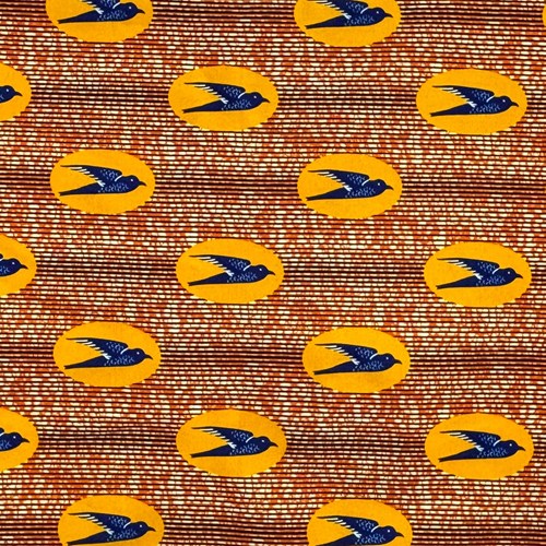 アフリカンプリント 布 生地 50cm単位 AP-13814　飛ぶ鳥 ツバメ 山吹色緑楕円に濃紺鳥 オレンジ色地　アフリカ 布 ブロード カットクロス ハンドメイド パッチワーク エコバッグ 手芸材料 ダンス 舞台 衣装 通園通学に