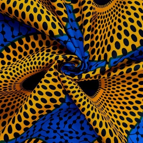 アフリカンプリント 布 生地 50cm単位 AP-13323  水紋 山吹色 青地  アフリカ 布 ブロード カットクロス ハンドメイド パッチワーク エコバッグ 手芸材料 ダンス 舞台 衣装 通園通学に