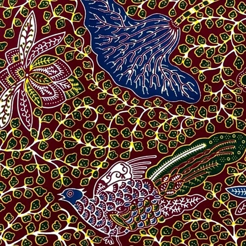 アフリカンプリント 布 生地 50cm単位 AP-13327  豊かな森 孔雀 深紅地  アフリカ 布 ブロード カットクロス ハンドメイド パッチワーク エコバッグ 手芸材料 ダンス 舞台 衣装 通園通学に