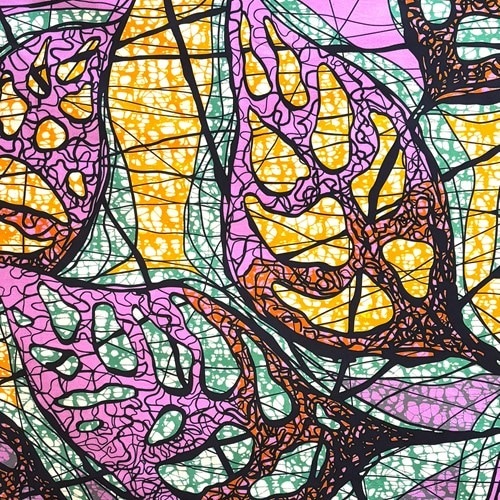 アフリカンプリント 布 生地 50cm単位 AP-13631　おばけ葉っぱ 現代アート ピンクオレンジ　アフリカ 布 ブロード カットクロス ハンドメイド パッチワーク エコバッグ 手芸材料 ダンス 舞台 衣装 通園通学に