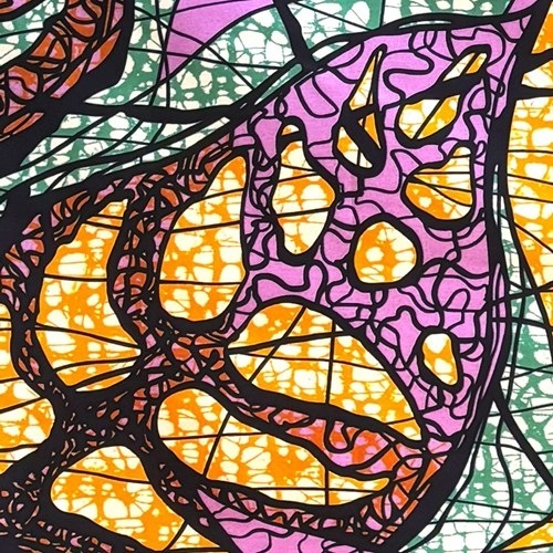 アフリカンプリント 布 生地 50cm単位 AP-13631　おばけ葉っぱ 現代アート ピンクオレンジ　アフリカ 布 ブロード カットクロス ハンドメイド パッチワーク エコバッグ 手芸材料 ダンス 舞台 衣装 通園通学に