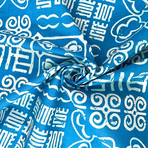 アフリカンプリント生地 0.5m単位 AP-12982　ハワイアンなアディンクラ アクアブルー