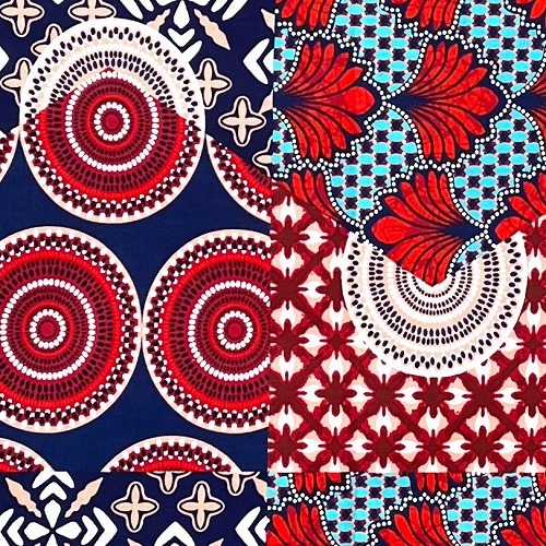 アフリカンプリント生地 0.5m単位 AP-12983　水紋花パッチワーク 紺 赤