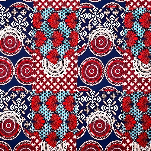 アフリカンプリント生地 0.5m単位 AP-12983　水紋花パッチワーク 紺 赤