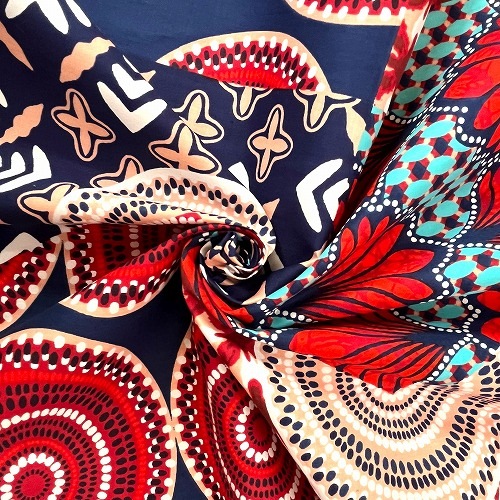 アフリカンプリント生地 0.5m単位 AP-12983　水紋花パッチワーク 紺 赤