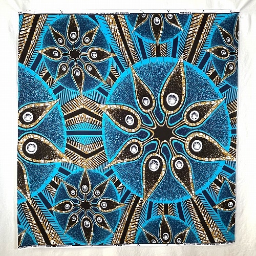 アフリカンプリント生地 0.5m単位 AP-12985　イソギンチャク幼生 水棲生物 ブルー 黒