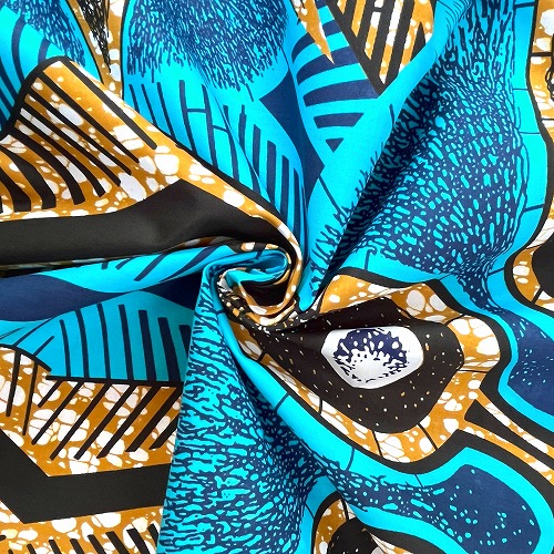 アフリカンプリント生地 0.5m単位 AP-12985　イソギンチャク幼生 水棲生物 ブルー 黒