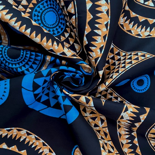 アフリカンプリント生地 0.5m単位 AP-12986　ぜんまい 渦巻き 時計仕掛け ブルー