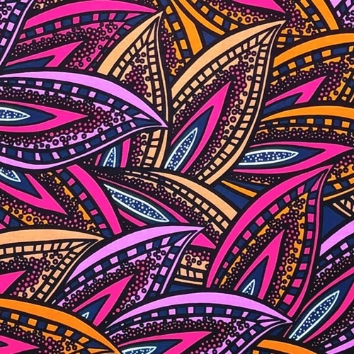 アフリカンプリント 布 生地 50cm単位 AP-13267 重なり流れる葉っぱ