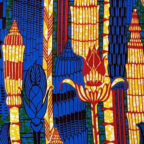 アフリカンプリント 布 生地 50cm単位 AP-13430  草花の塔 青ｘ赤x黄  アフリカ 布 ブロード カットクロス ハンドメイド パッチワーク エコバッグ 手芸材料 ダンス 舞台 衣装 通園通学に