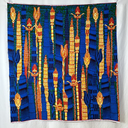 アフリカンプリント 布 生地 50cm単位 AP-13430  草花の塔 青ｘ赤x黄  アフリカ 布 ブロード カットクロス ハンドメイド パッチワーク エコバッグ 手芸材料 ダンス 舞台 衣装 通園通学に