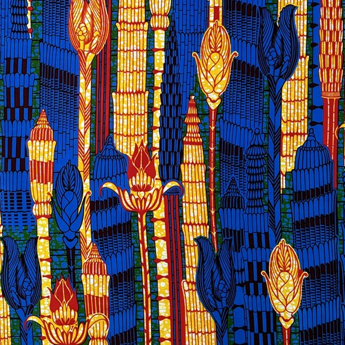 アフリカンプリント 布 生地 50cm単位 AP-13430  草花の塔 青ｘ赤x黄  アフリカ 布 ブロード カットクロス ハンドメイド パッチワーク エコバッグ 手芸材料 ダンス 舞台 衣装 通園通学に