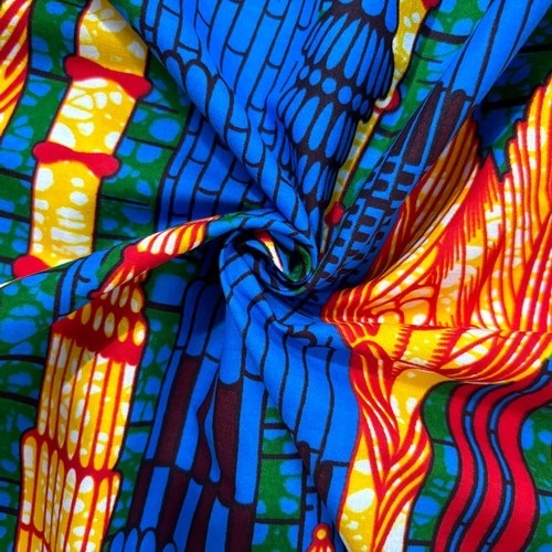 アフリカンプリント 布 生地 50cm単位 AP-13430  草花の塔 青ｘ赤x黄  アフリカ 布 ブロード カットクロス ハンドメイド パッチワーク エコバッグ 手芸材料 ダンス 舞台 衣装 通園通学に