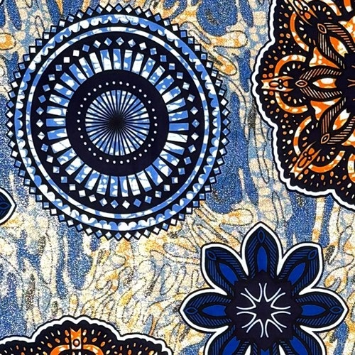 アフリカンプリント 布 生地 50cm単位 AP-1104  水面に花と雪の結晶 金ラメ  アフリカ 布 ブロード カットクロス ハンドメイド パッチワーク エコバッグ 手芸材料 ダンス 舞台 衣装 通園通学に